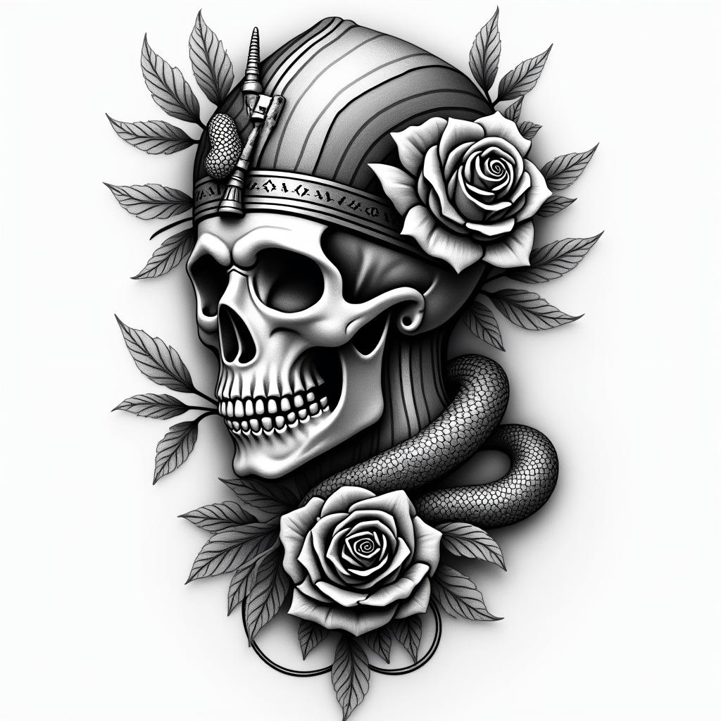 Music skull snake rosein egyptian style tattoo, bold elements of ancient egyptian culture including a portrait of an Egyptian pharaoh with detailed facial features, in hieroglyphs and symbolic imagery, eye of horus, ankh symbol, scarab beetle - Variation 4