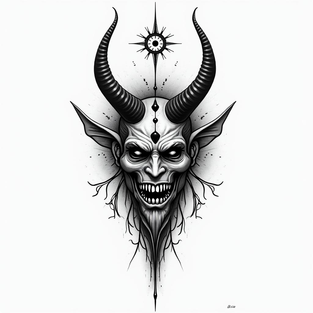 The devil and god raging inside mein spiritual symbols tattoo style, featuring an intricate design incorporating elements, Hamsa hand, third eye, minimalist composition