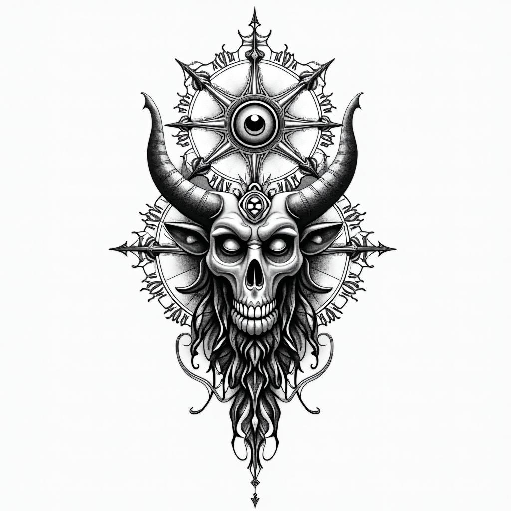 The devil and god raging inside mein spiritual symbols tattoo style, featuring an intricate design incorporating elements, Hamsa hand, third eye, minimalist composition - Variation 3