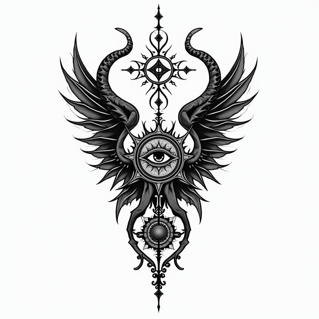 The devil and god raging inside mein spiritual symbols tattoo style, featuring an intricate design incorporating elements, Hamsa hand, third eye, minimalist composition - Variation 4