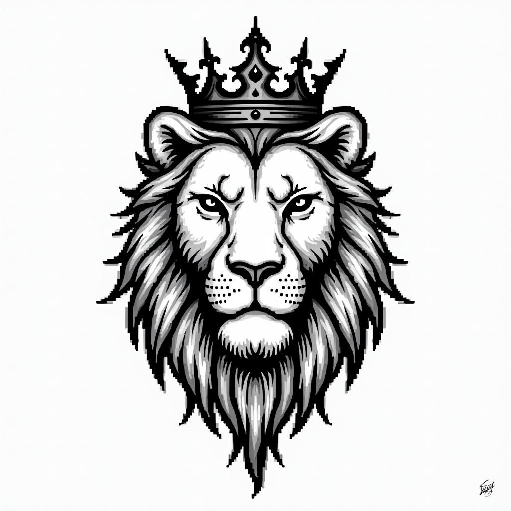 Beautiful lioness with royal crownin 8-bit tattoo style, minimalistic pixel style tattoo, pixel art with simplified shapes and retro gaming visuals, inspired by 8-bit pixel based detailing - Variation 3