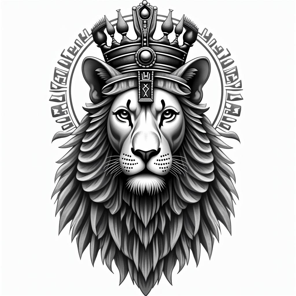 Beautiful lioness with royal crownin egyptian style tattoo, bold elements of ancient egyptian culture including a portrait of an Egyptian pharaoh with detailed facial features, in hieroglyphs and symbolic imagery, eye of horus, ankh symbol, scarab beetle