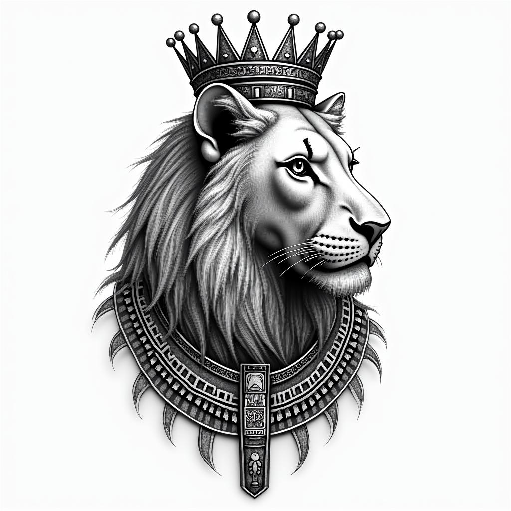 Beautiful lioness with royal crownin egyptian style tattoo, bold elements of ancient egyptian culture including a portrait of an Egyptian pharaoh with detailed facial features, in hieroglyphs and symbolic imagery, eye of horus, ankh symbol, scarab beetle - Variation 3