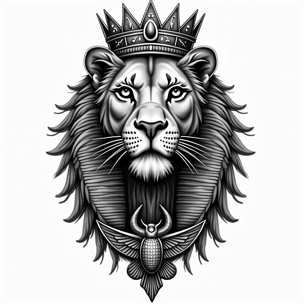 Beautiful lioness with royal crownin egyptian style tattoo, bold elements of ancient egyptian culture including a portrait of an Egyptian pharaoh with detailed facial features, in hieroglyphs and symbolic imagery, eye of horus, ankh symbol, scarab beetle - Variation 4