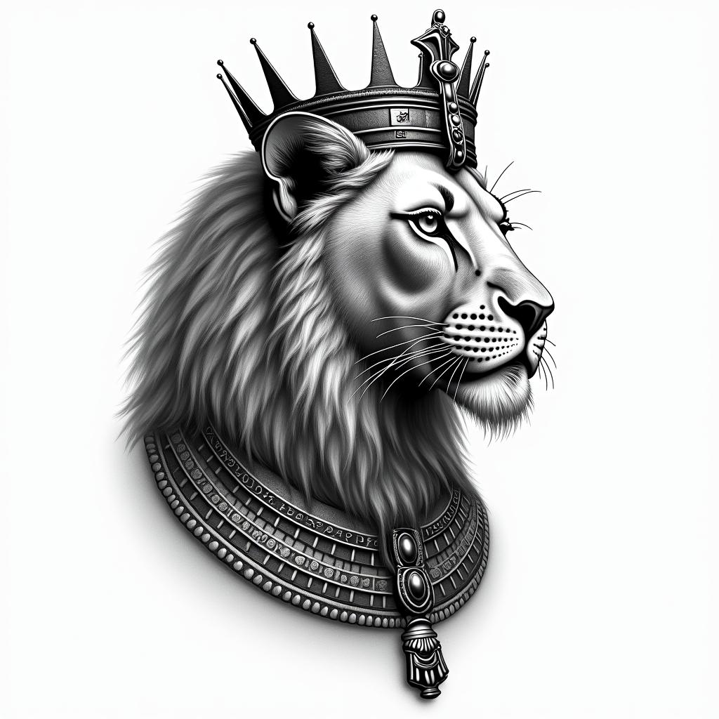 Beautiful lioness with royal crownin egyptian style tattoo, bold elements of ancient egyptian culture including a portrait of an Egyptian pharaoh with detailed facial features, in hieroglyphs and symbolic imagery, eye of horus, ankh symbol, scarab beetle - Variation 2