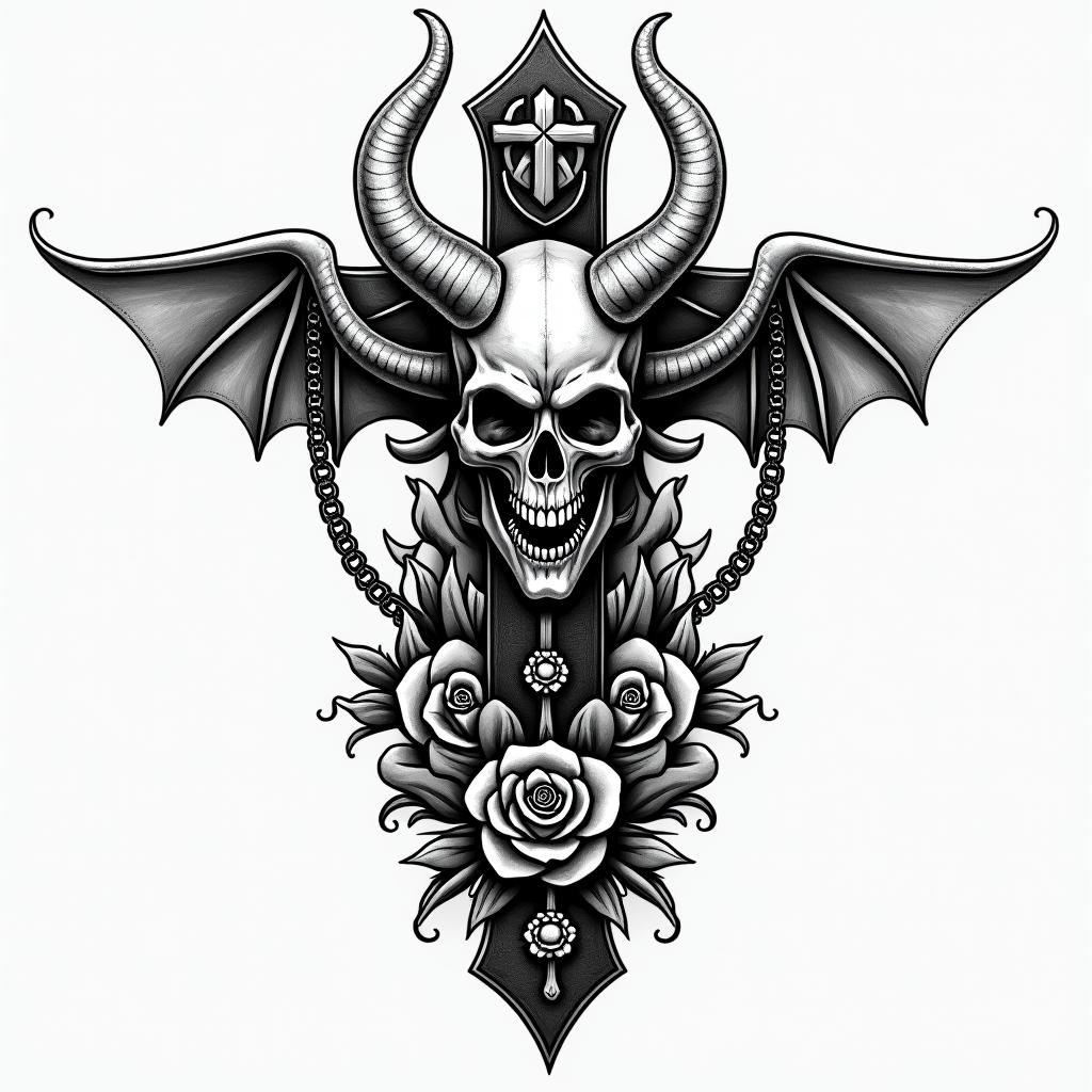 The devil and god raging inside mein chicano style tattoo, featuring intricate black and grey shading, bold elements of traditional chicano culture symbols, add a big cross with skull, chains and roses - Variation 2