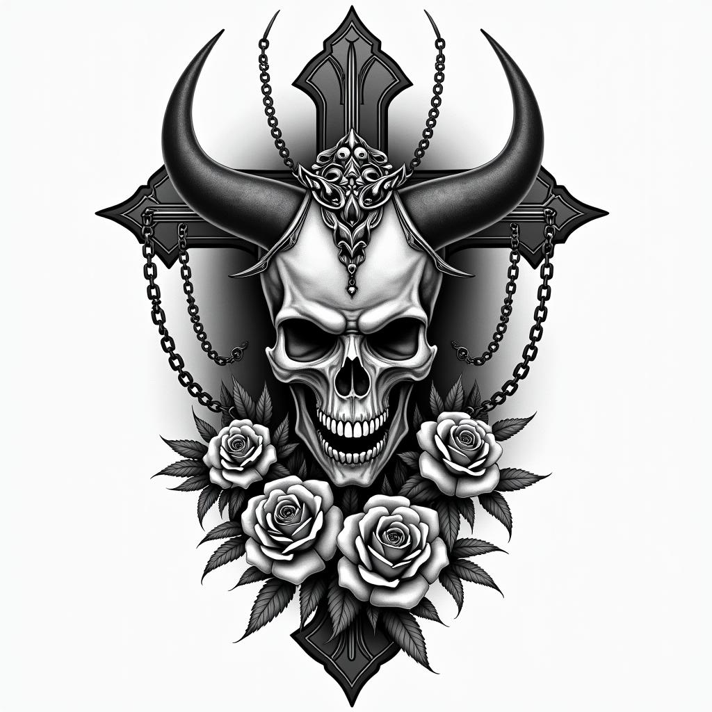 The devil and god raging inside mein chicano style tattoo, featuring intricate black and grey shading, bold elements of traditional chicano culture symbols, add a big cross with skull, chains and roses - Variation 3