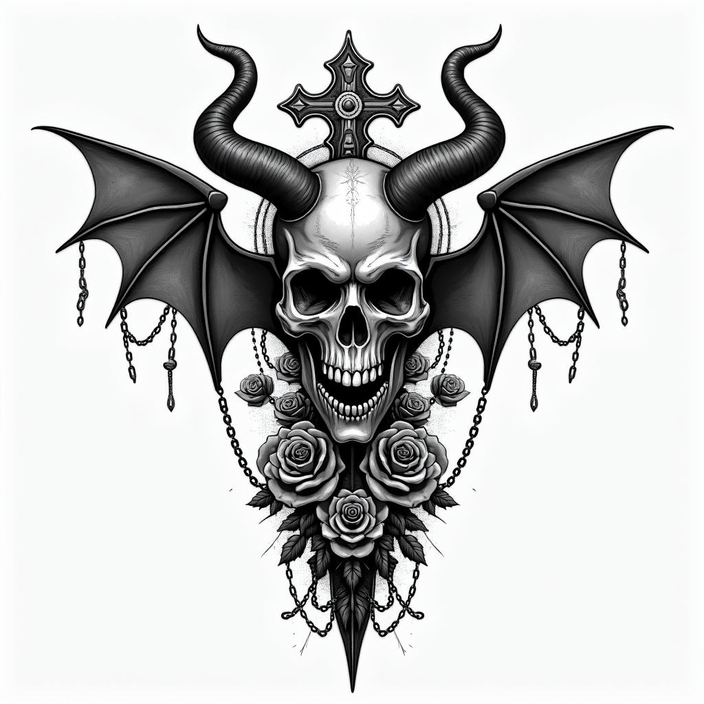 The devil and god raging inside mein chicano style tattoo, featuring intricate black and grey shading, bold elements of traditional chicano culture symbols, add a big cross with skull, chains and roses