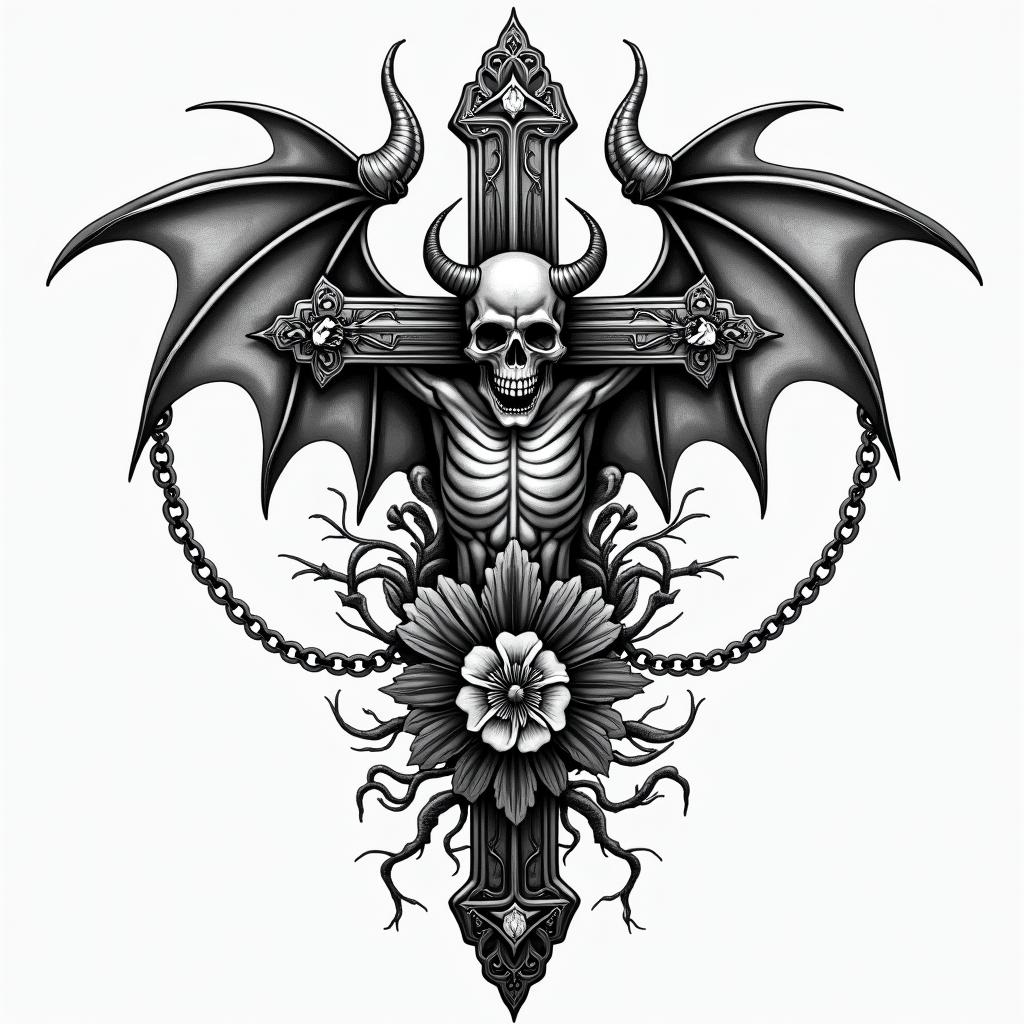 The devil and god raging inside mein chicano style tattoo, featuring intricate black and grey shading, bold elements of traditional chicano culture symbols, add a big cross with skull, chains and roses - Variation 4