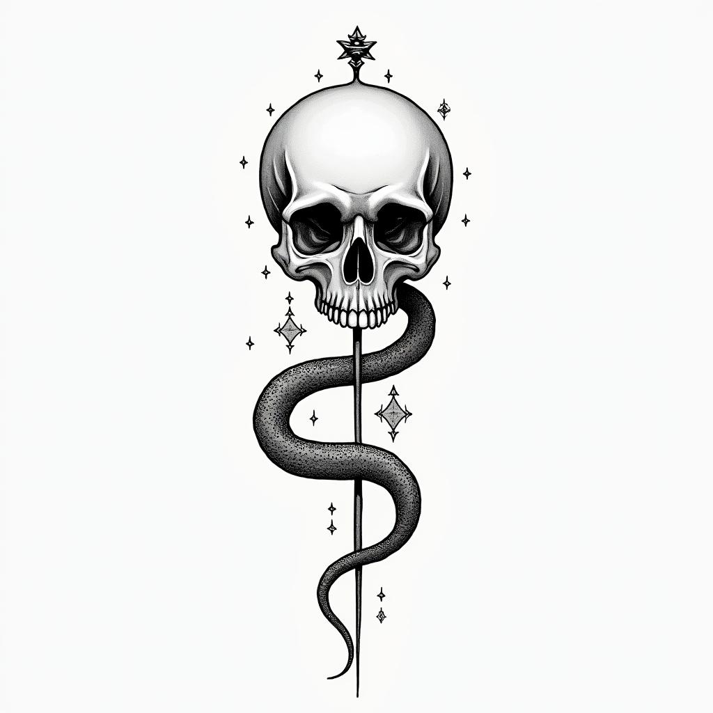 Music skull snake rosein minimalist style tattoo, featuring simple shapes and fine lines, with minimal shading and details, tiny triangles, creating a sense of balance and harmony - Variation 2