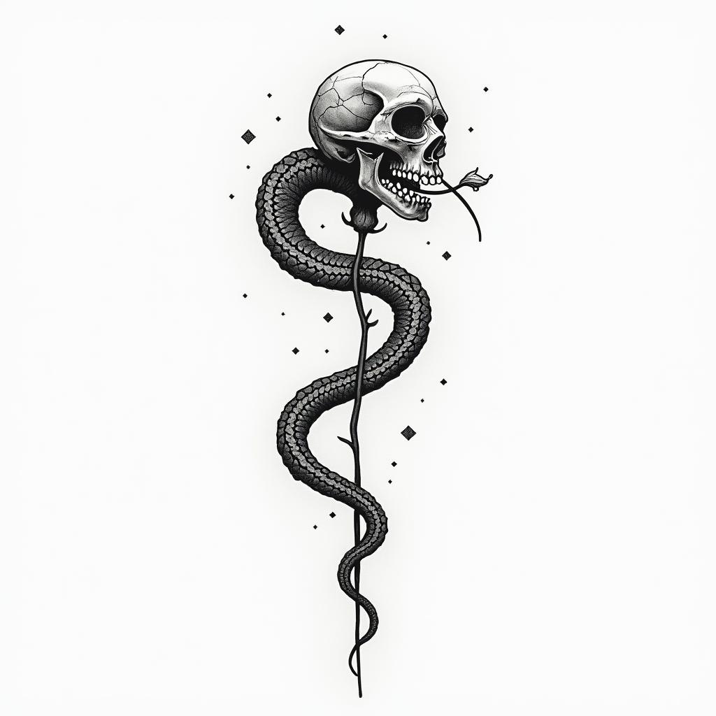 Music skull snake rosein minimalist style tattoo, featuring simple shapes and fine lines, with minimal shading and details, tiny triangles, creating a sense of balance and harmony
