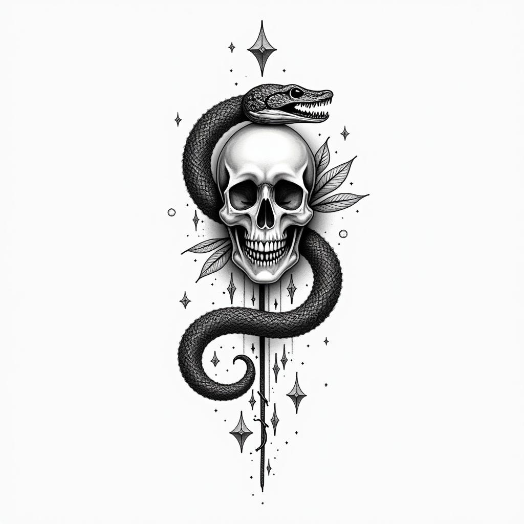 Music skull snake rosein minimalist style tattoo, featuring simple shapes and fine lines, with minimal shading and details, tiny triangles, creating a sense of balance and harmony - Variation 4