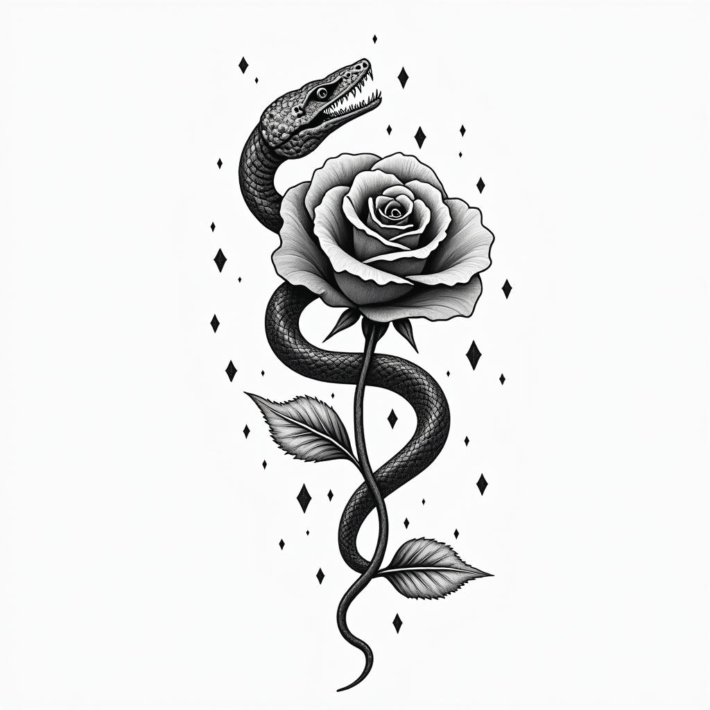 Music skull snake rosein minimalist style tattoo, featuring simple shapes and fine lines, with minimal shading and details, tiny triangles, creating a sense of balance and harmony - Variation 3