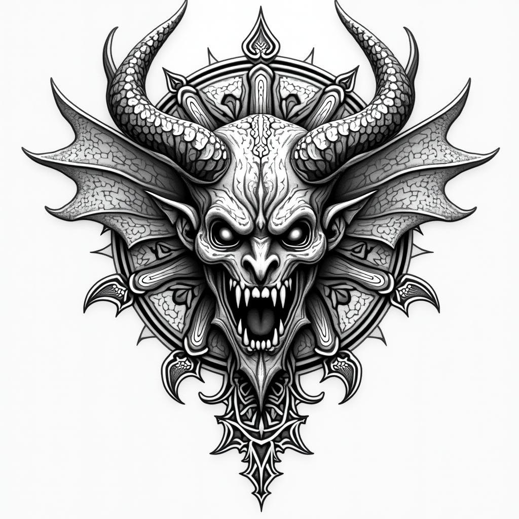 The devil and god raging inside mein dotwork style tattoo, complex mandala patterns, interlocking geometric shapes with sharp symmetry, clean lines, sharp angles - Variation 4