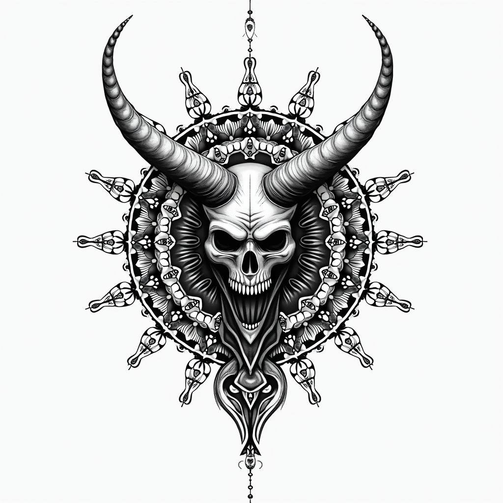 The devil and god raging inside mein dotwork style tattoo, complex mandala patterns, interlocking geometric shapes with sharp symmetry, clean lines, sharp angles - Variation 1