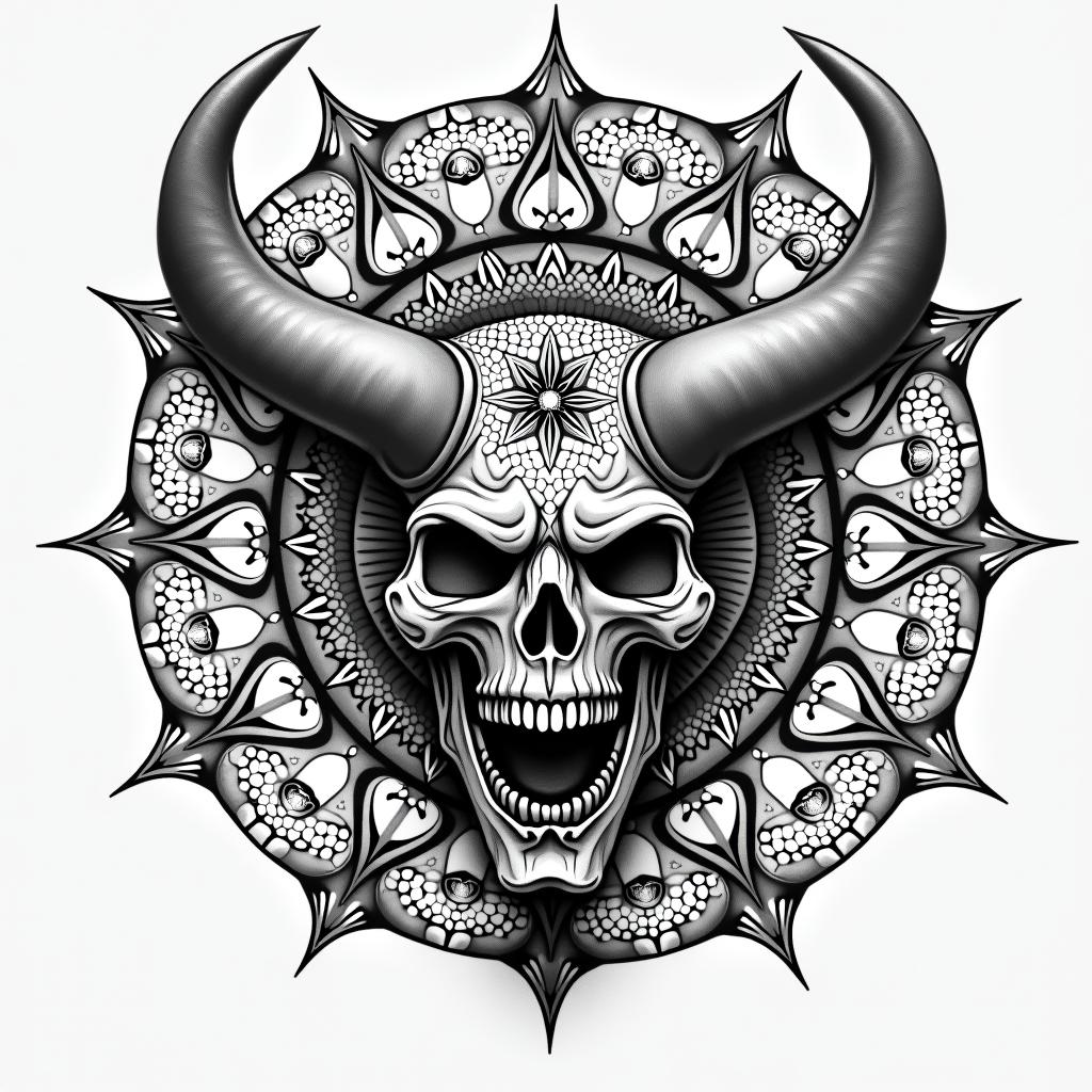 The devil and god raging inside mein dotwork style tattoo, complex mandala patterns, interlocking geometric shapes with sharp symmetry, clean lines, sharp angles - Variation 2