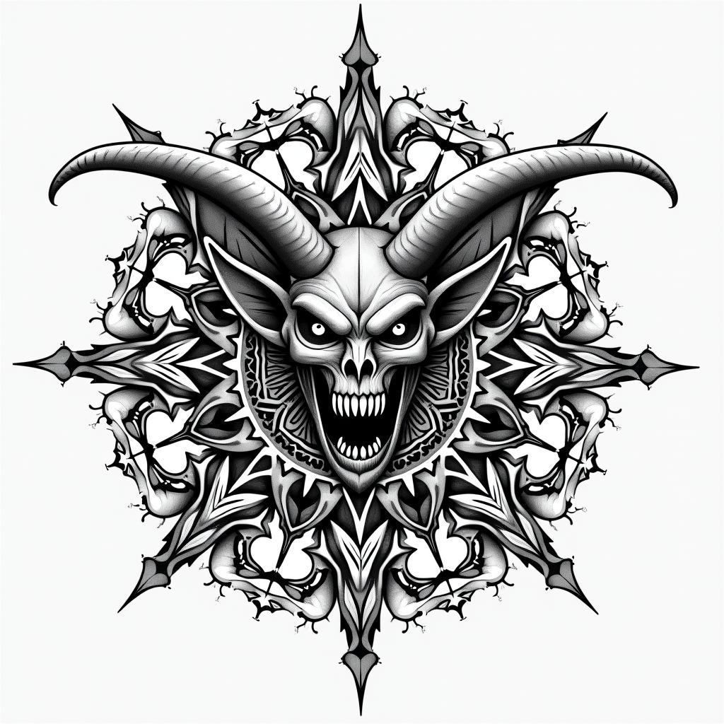The devil and god raging inside mein dotwork style tattoo, complex mandala patterns, interlocking geometric shapes with sharp symmetry, clean lines, sharp angles - Variation 3