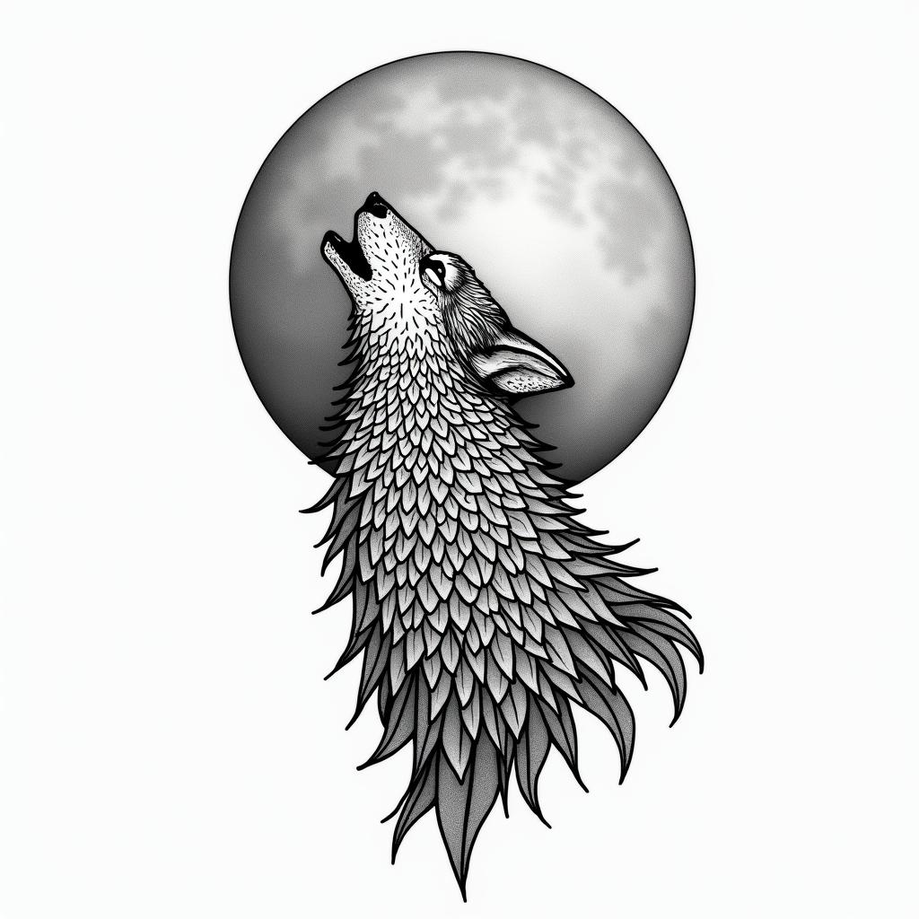 Howling wolf under a full moon in geometric style tattoo, blending hexagons, mandala-inspired patterns, symmetrical and fractal design, clean lines, sharp angles - Variation 3