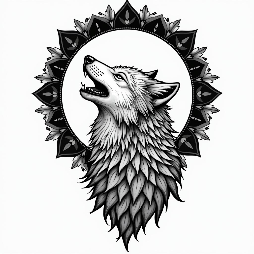 Howling wolf under a full moon in geometric style tattoo, blending hexagons, mandala-inspired patterns, symmetrical and fractal design, clean lines, sharp angles - Variation 2