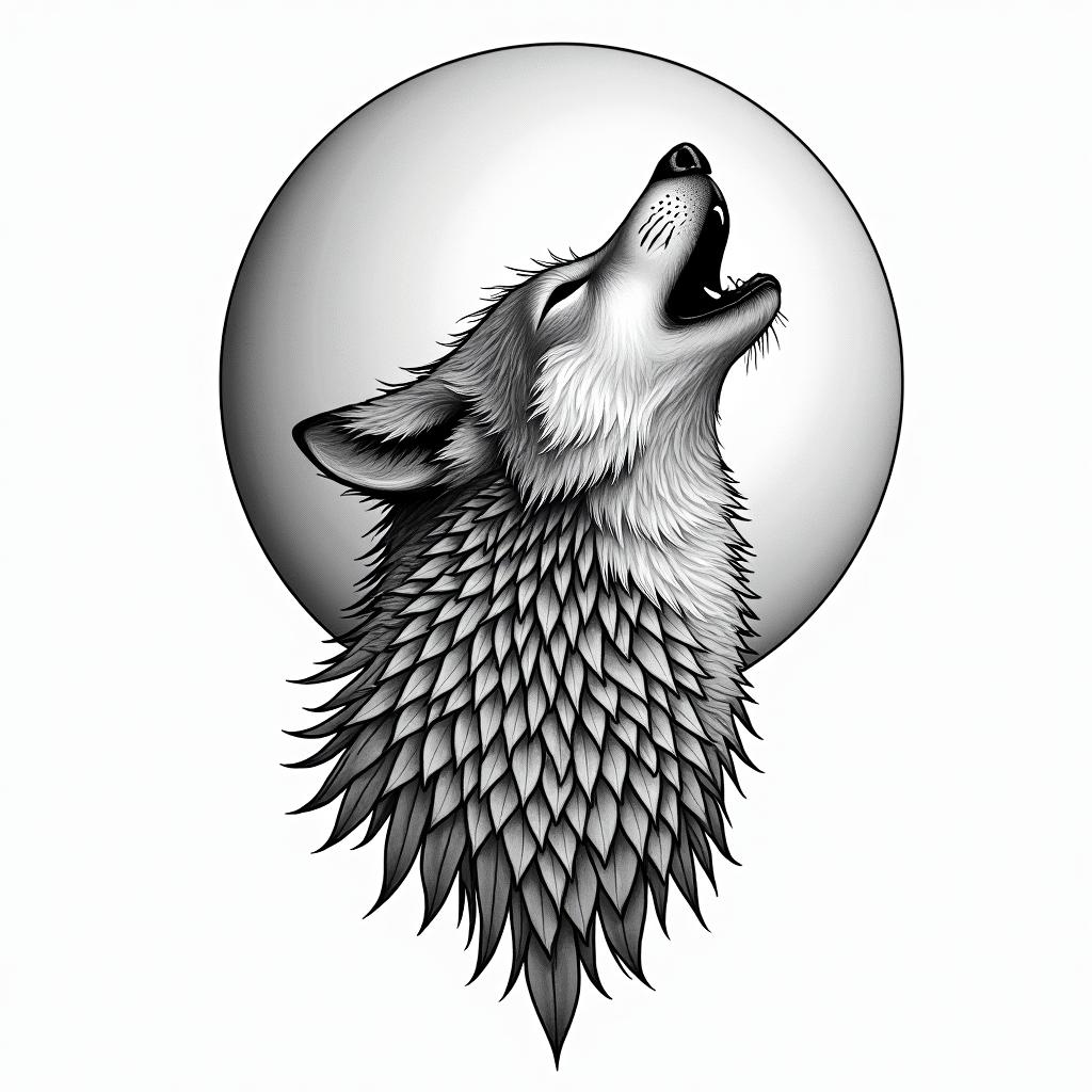 Howling wolf under a full moon in geometric style tattoo, blending hexagons, mandala-inspired patterns, symmetrical and fractal design, clean lines, sharp angles