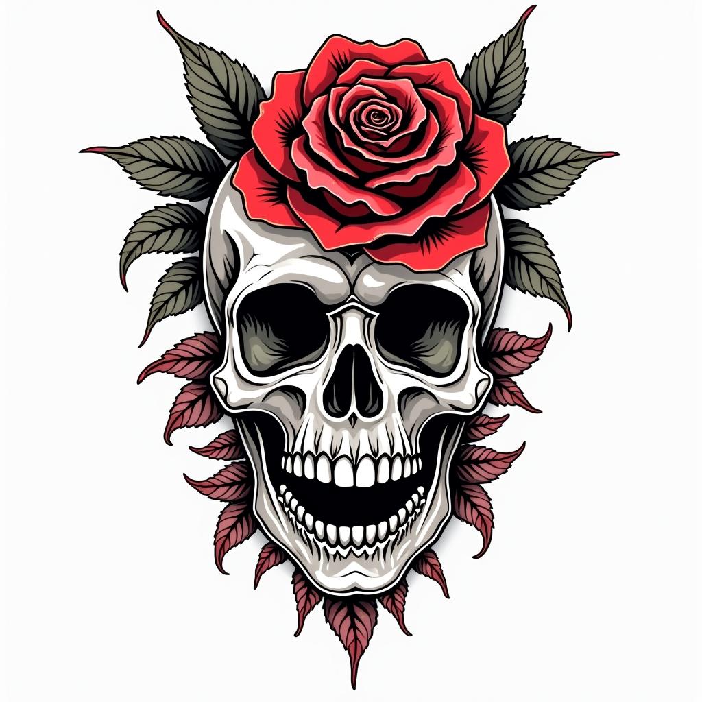 Music rose skullin pop art style tattoo, featuring bold and vibrant colors, exaggerated outlines, iconic imagery, inspired by comic books and speech bubbles, comic book characters, retro pop culture - Variation 1