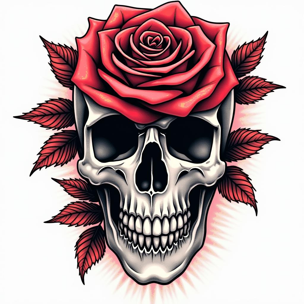 Music rose skullin pop art style tattoo, featuring bold and vibrant colors, exaggerated outlines, iconic imagery, inspired by comic books and speech bubbles, comic book characters, retro pop culture - Variation 3