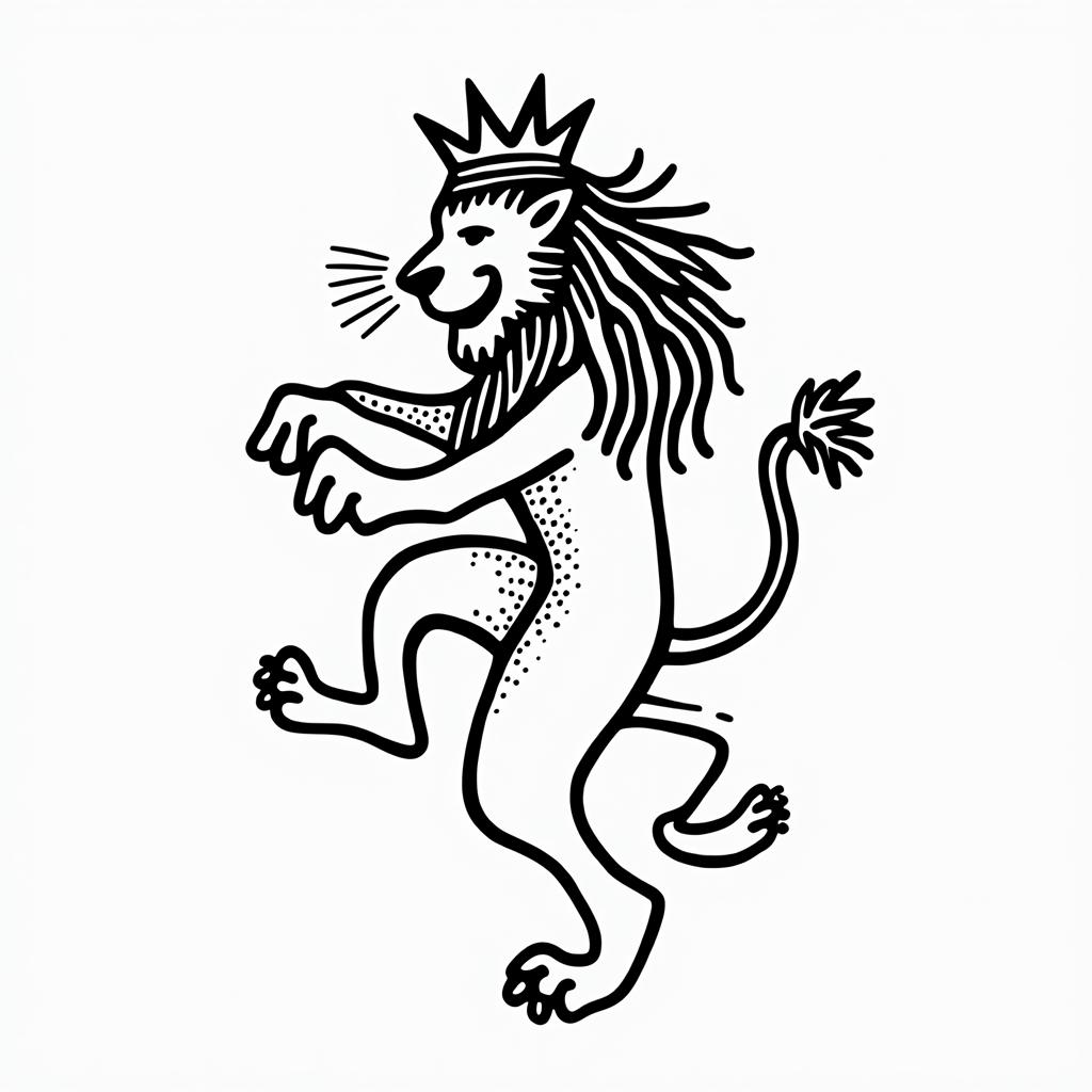 Beautiful lioness with royal crownabstract dancing figures in Keith Haring style, featuring bold black outlines and solid color fills, figures posed in dynamic and playful dance movements, minimalist design - Variation 2