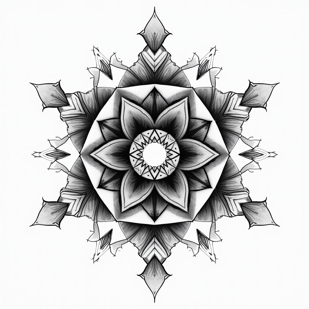 Space in geometric style tattoo, blending hexagons, mandala-inspired patterns, symmetrical and fractal design, clean lines, sharp angles - Variation 8