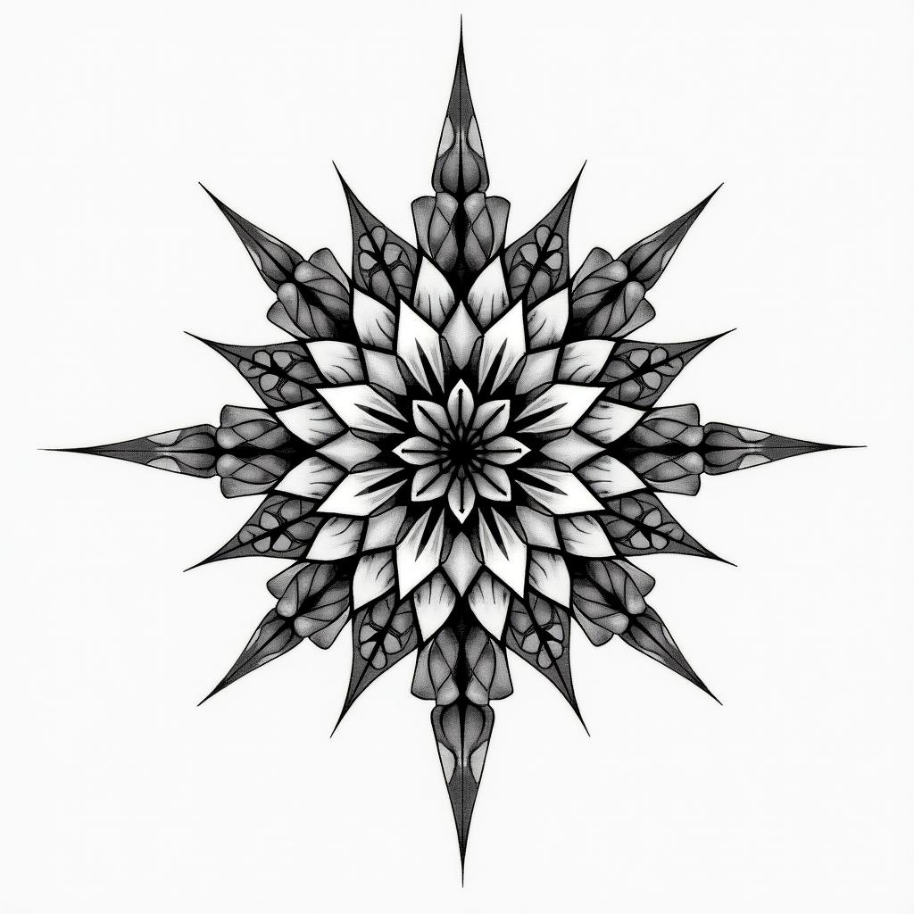 Space in geometric style tattoo, blending hexagons, mandala-inspired patterns, symmetrical and fractal design, clean lines, sharp angles - Variation 7