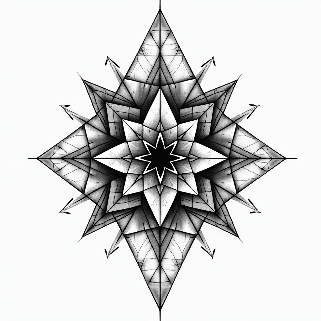 Space in geometric style tattoo, blending hexagons, mandala-inspired patterns, symmetrical and fractal design, clean lines, sharp angles - Variation 6