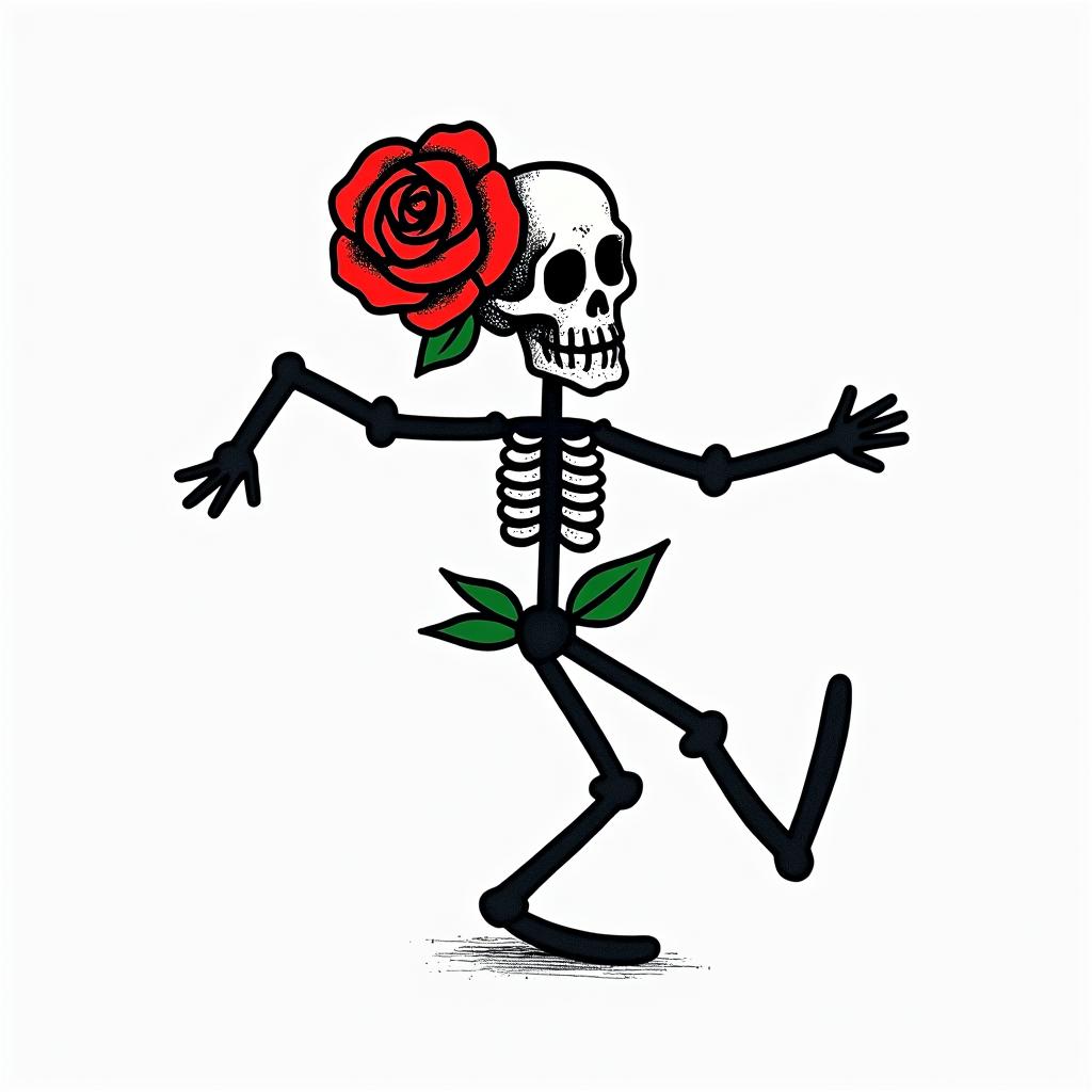 Music rose skullabstract dancing figures in Keith Haring style, featuring bold black outlines and solid color fills, figures posed in dynamic and playful dance movements, minimalist design