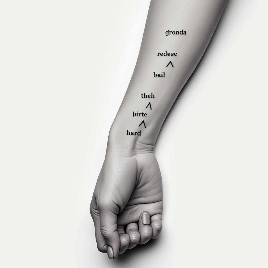11 names of grandchildren on wristin minimalist style tattoo, featuring simple shapes and fine lines, with minimal shading and details, tiny triangles, creating a sense of balance and harmony - Variation 4