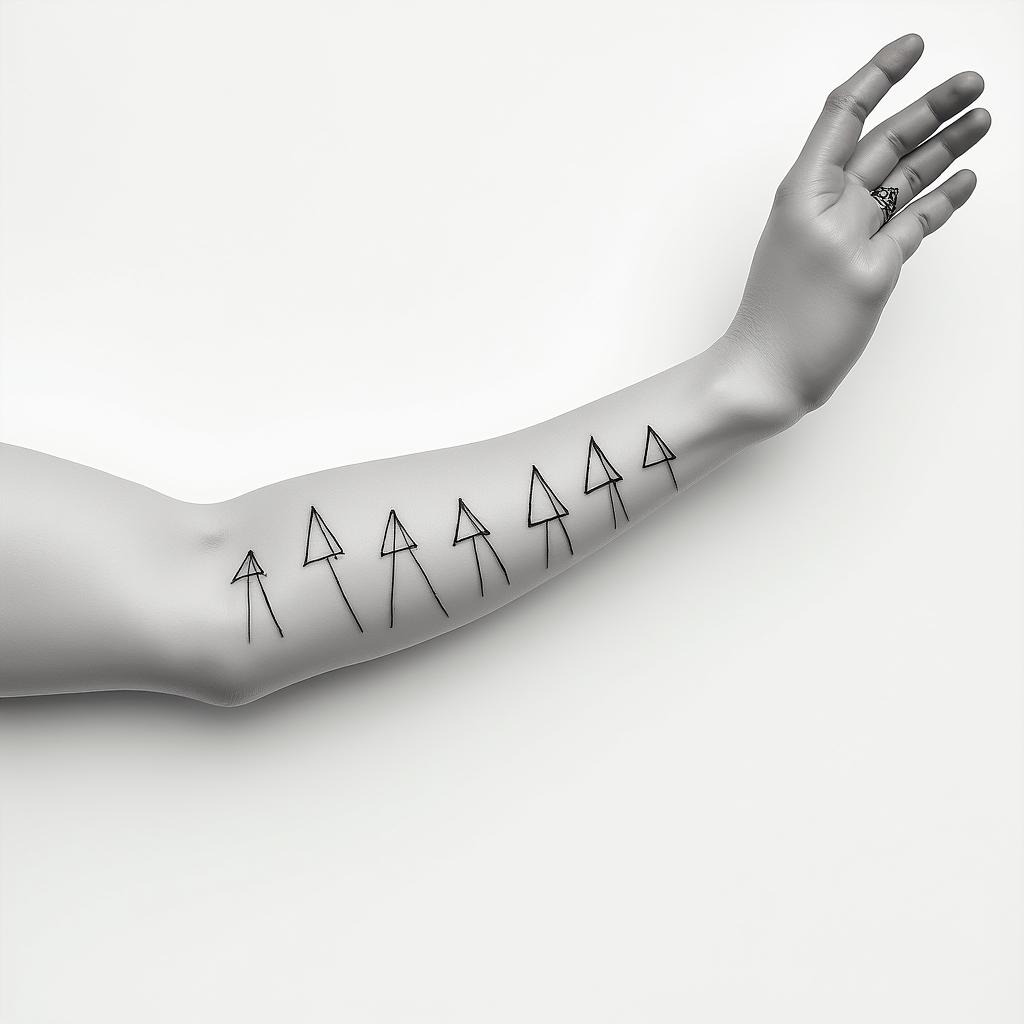 11 names of grandchildren on wristin minimalist style tattoo, featuring simple shapes and fine lines, with minimal shading and details, tiny triangles, creating a sense of balance and harmony - Variation 3