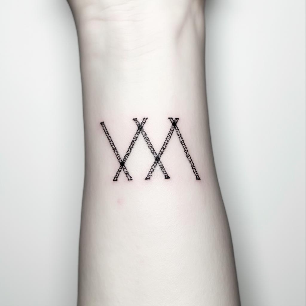 11 names of grandchildren on wristin minimalist style tattoo, featuring simple shapes and fine lines, with minimal shading and details, tiny triangles, creating a sense of balance and harmony