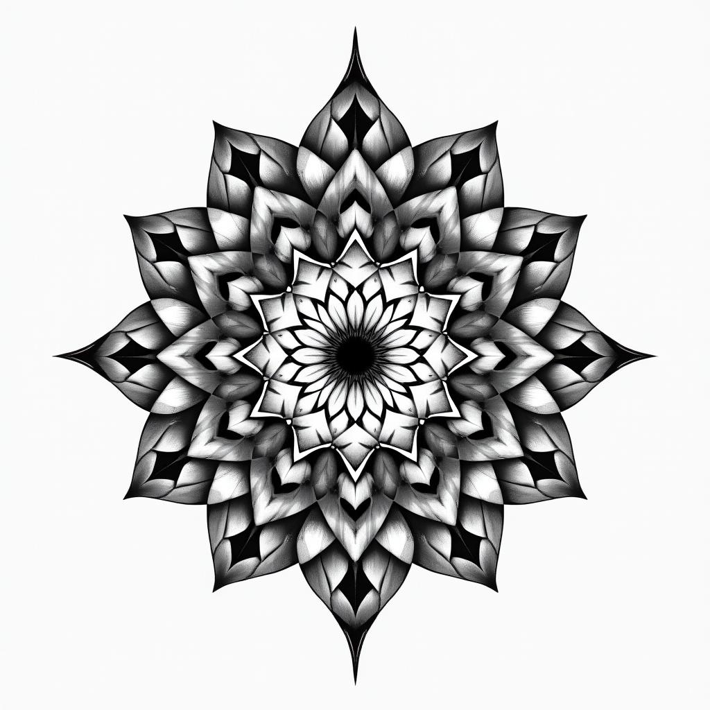 Space in geometric style tattoo, blending hexagons, mandala-inspired patterns, symmetrical and fractal design, clean lines, sharp angles - Variation 1