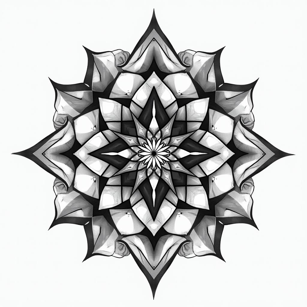 Space in geometric style tattoo, blending hexagons, mandala-inspired patterns, symmetrical and fractal design, clean lines, sharp angles - Variation 2