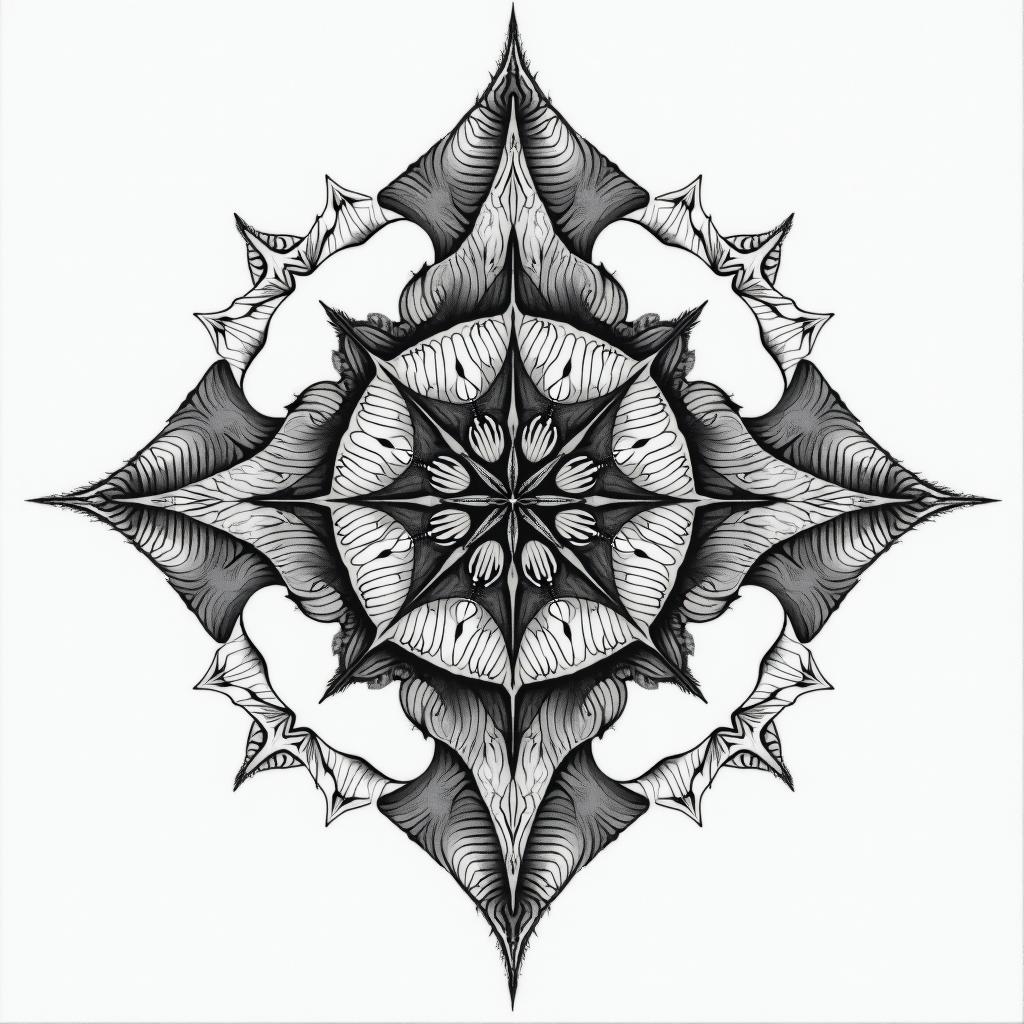 Space in geometric style tattoo, blending hexagons, mandala-inspired patterns, symmetrical and fractal design, clean lines, sharp angles - Variation 3