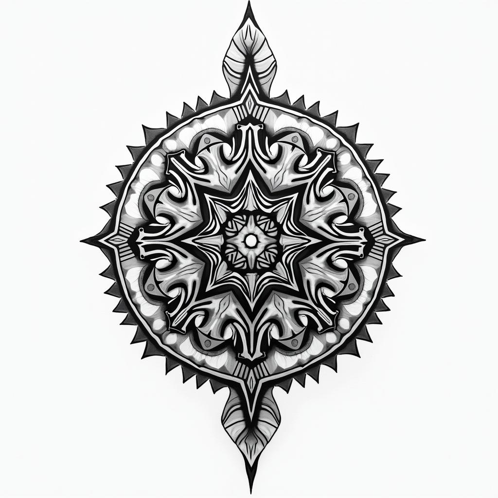 Space in geometric style tattoo, blending hexagons, mandala-inspired patterns, symmetrical and fractal design, clean lines, sharp angles - Variation 4