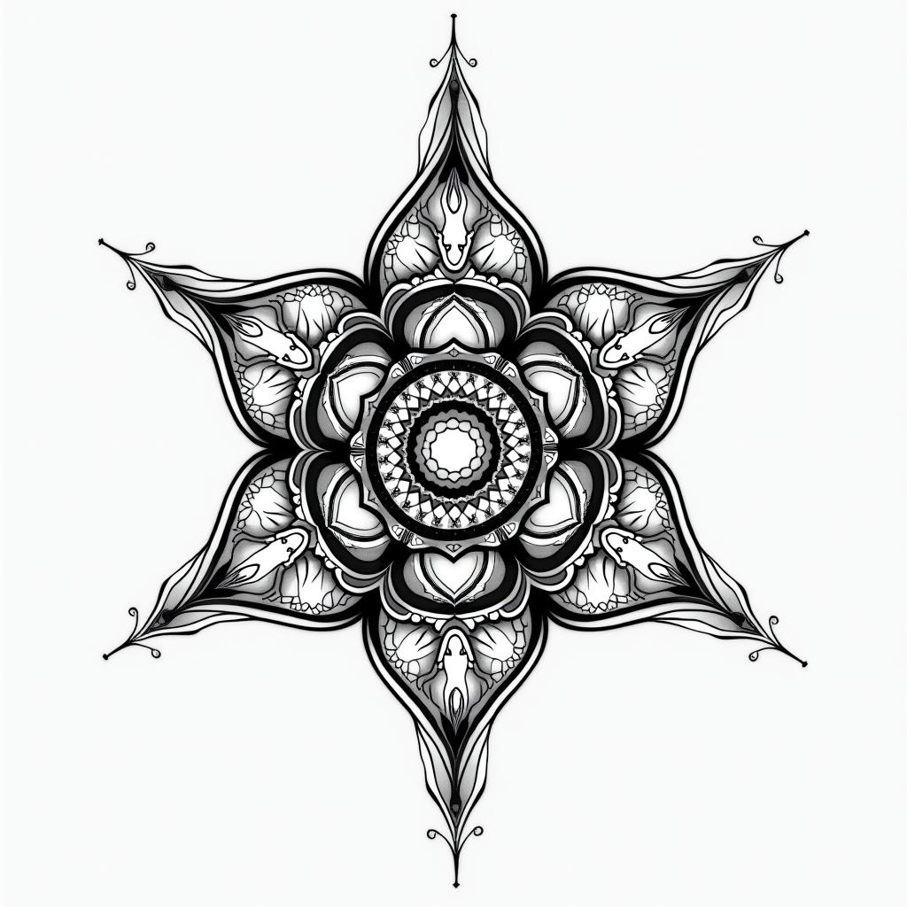 Astrology in geometric style tattoo, blending hexagons, mandala-inspired patterns, symmetrical and fractal design, clean lines, sharp angles - Variation 2