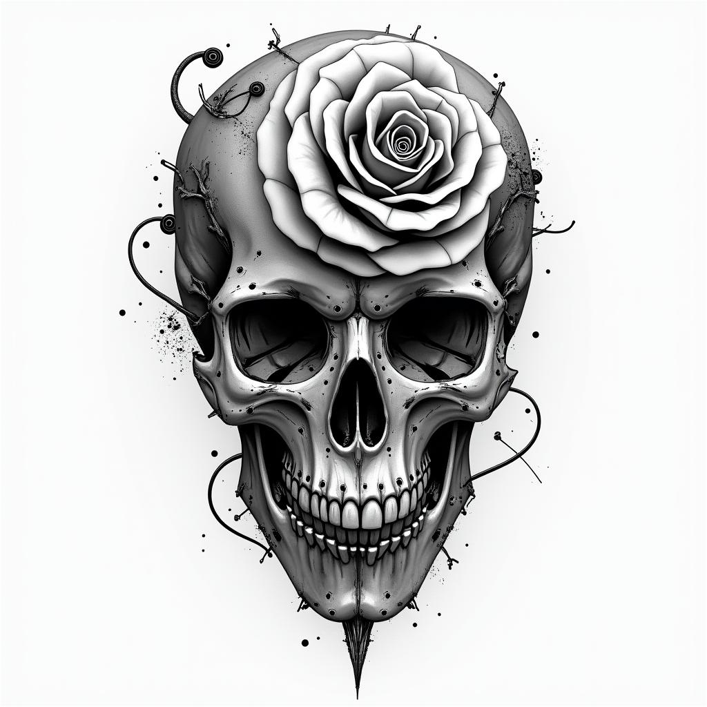 Music rose skulltattoo in biomechanic style, the tattoo covered by robotic elements of futuristic cyberpunk design, robotic features detail, showcasing intricate mechanical components - Variation 4
