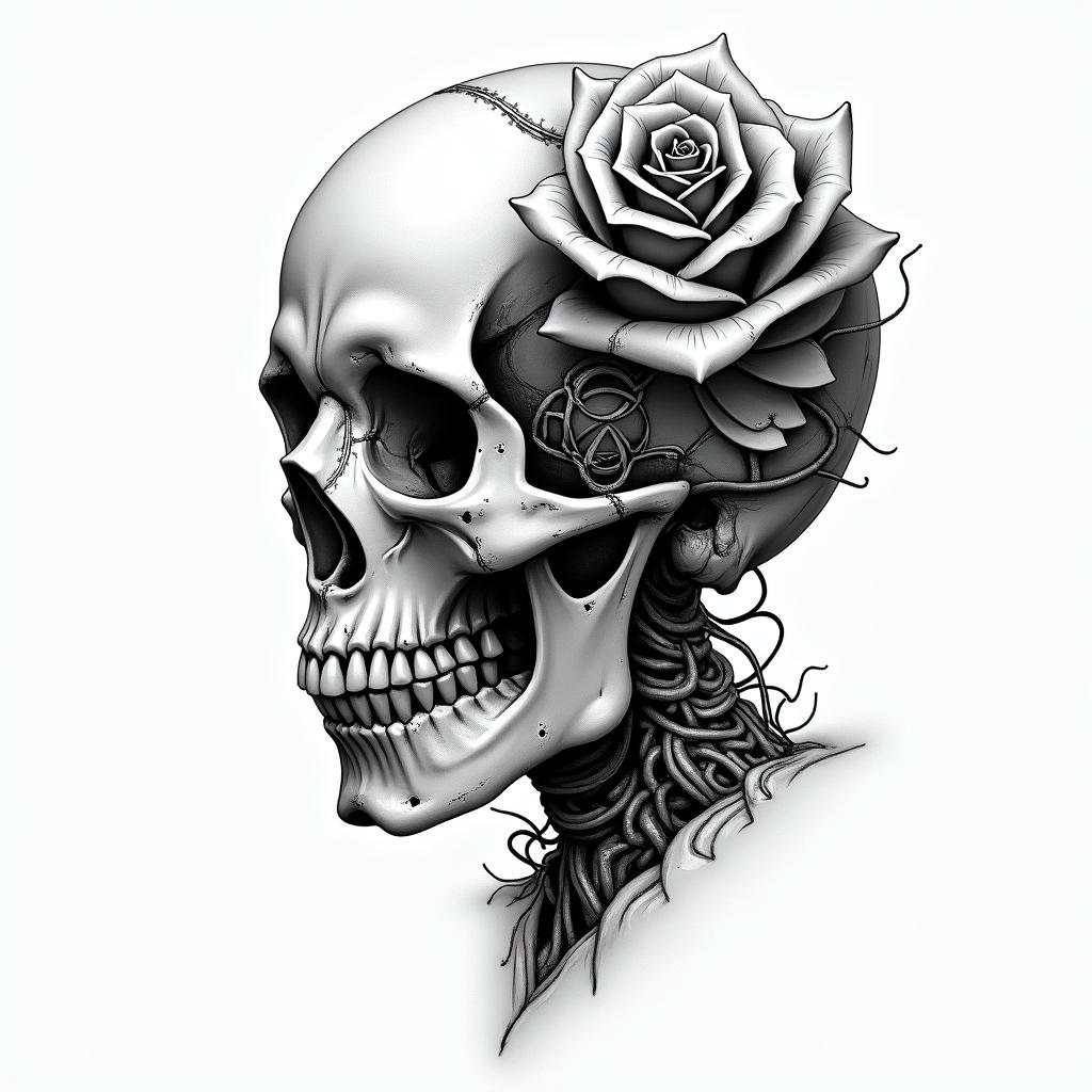 Music rose skulltattoo in biomechanic style, the tattoo covered by robotic elements of futuristic cyberpunk design, robotic features detail, showcasing intricate mechanical components - Variation 3