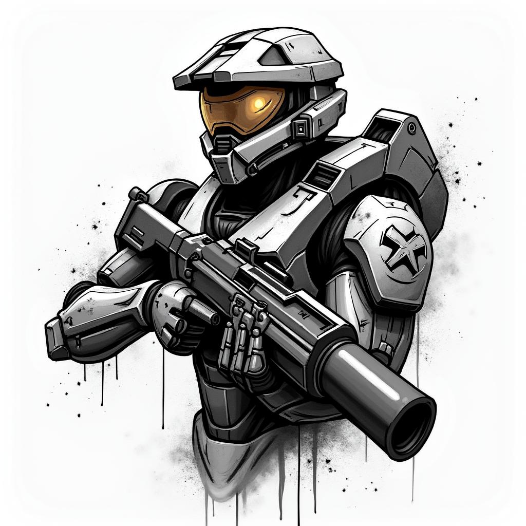 Halo master chief with a gun with a holosight on gunin graffiti style tattoo, featuring bold and dynamic street art elements, spray-paint texture with exaggerated lines and expressive, chaotic brushstrokes, intricate lettering incorporated with graffiti tags, symbols like hearts, stars, and wings - Variation 1