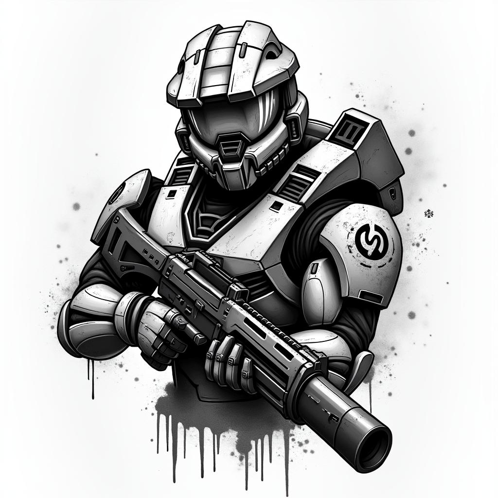 Halo master chief with a gun with a holosight on gunin graffiti style tattoo, featuring bold and dynamic street art elements, spray-paint texture with exaggerated lines and expressive, chaotic brushstrokes, intricate lettering incorporated with graffiti tags, symbols like hearts, stars, and wings - Variation 2