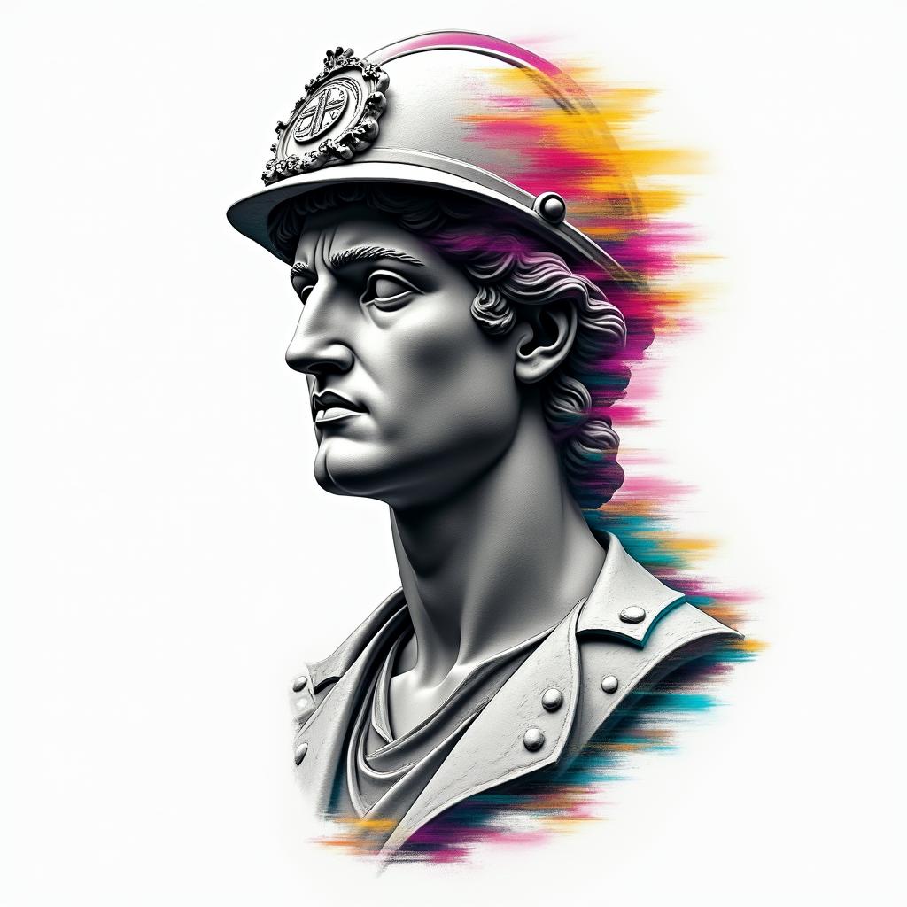 Emergency medical servicesin distorted and fragmented tattoo design, featuring a classical statue bust, in a glitch art style with vibrant, overlapping colors of cyan, magenta, and yellow, creating a digital distortion effect - Variation 4