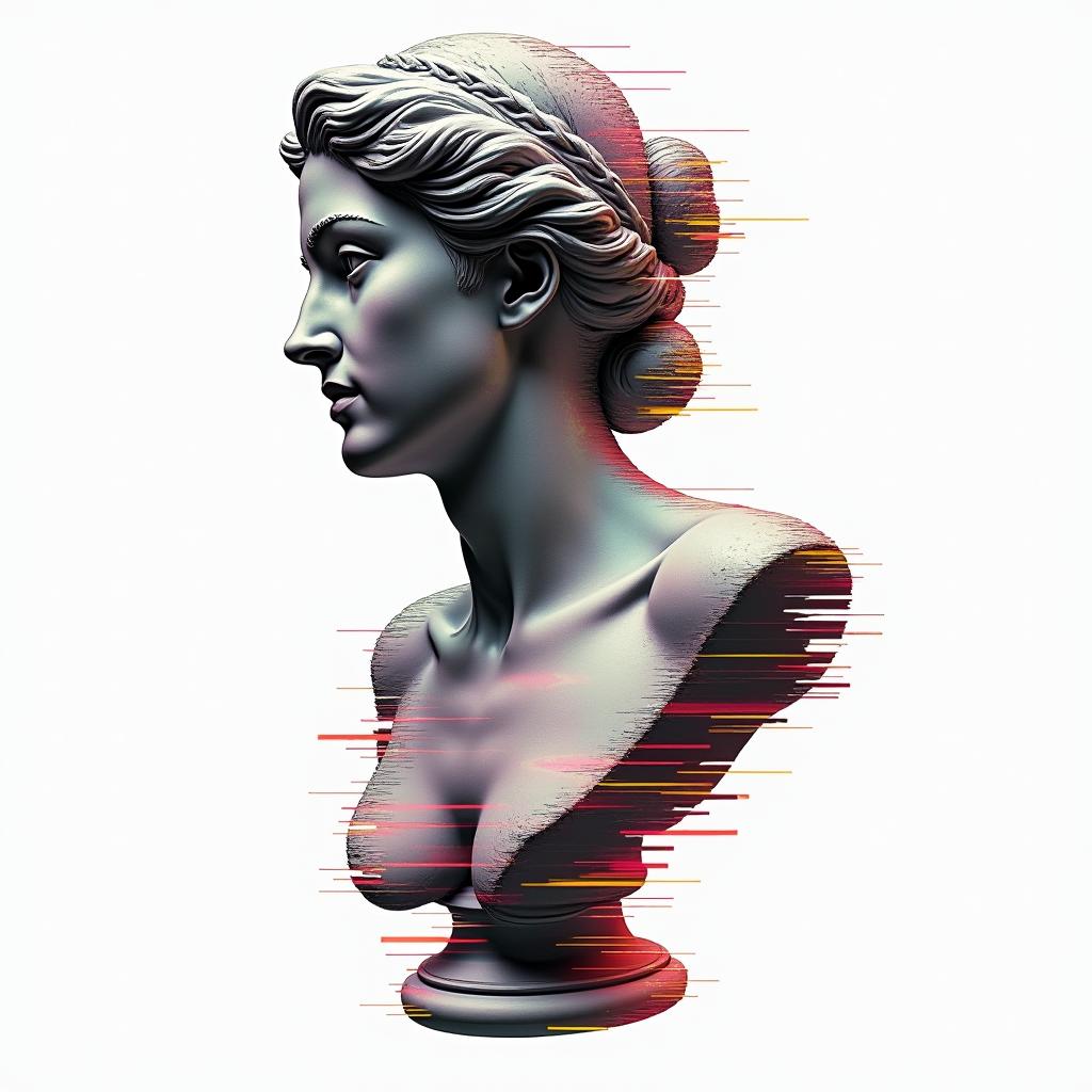 Emergency medical servicesin distorted and fragmented tattoo design, featuring a classical statue bust, in a glitch art style with vibrant, overlapping colors of cyan, magenta, and yellow, creating a digital distortion effect