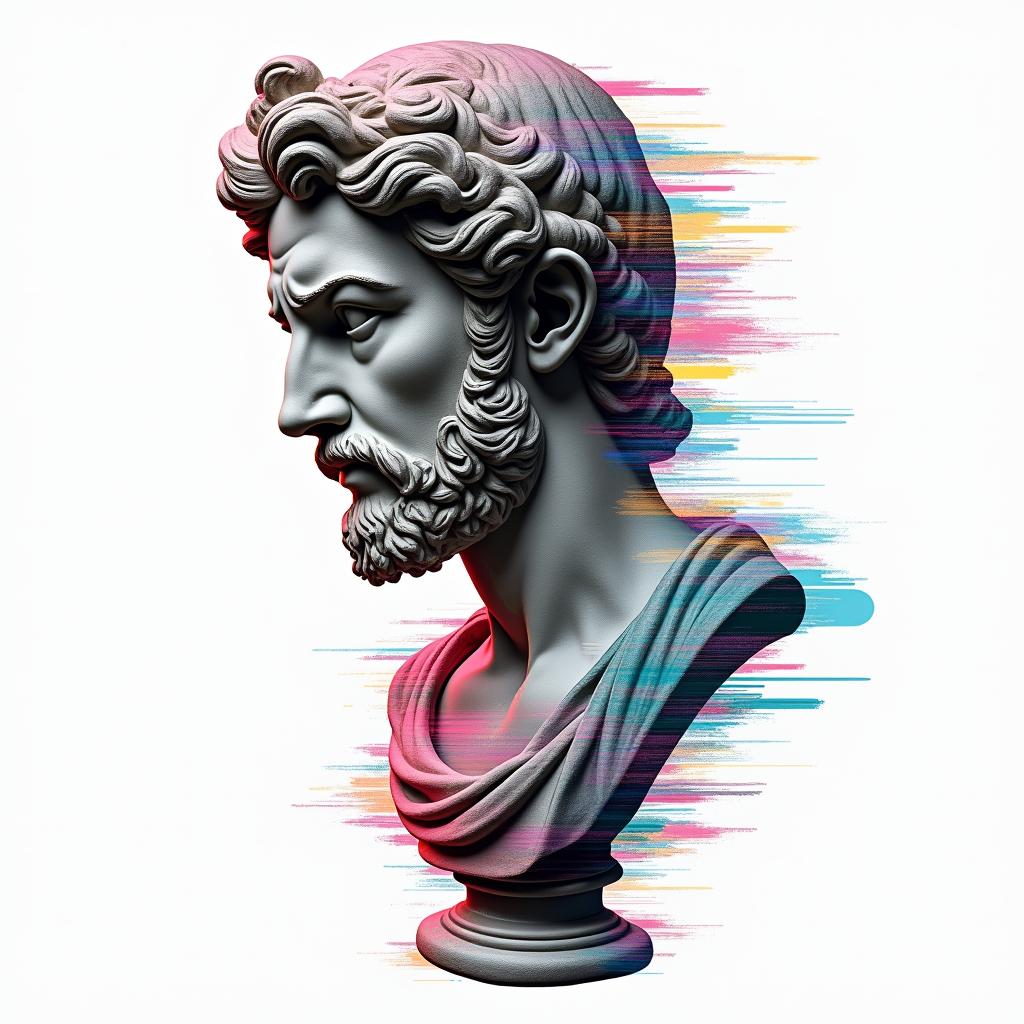 Emergency medical servicesin distorted and fragmented tattoo design, featuring a classical statue bust, in a glitch art style with vibrant, overlapping colors of cyan, magenta, and yellow, creating a digital distortion effect - Variation 3