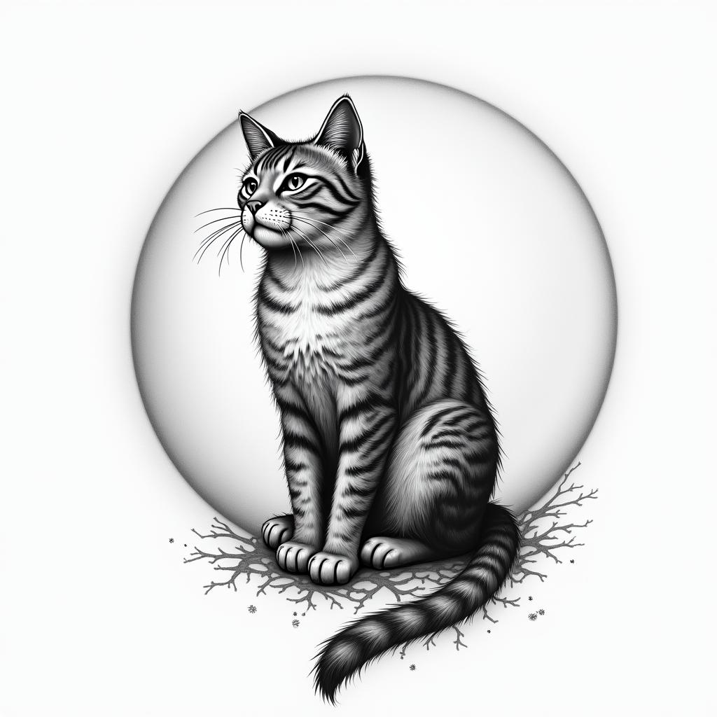 Cat sitting on moonhigly detailed tattoo - Variation 7
