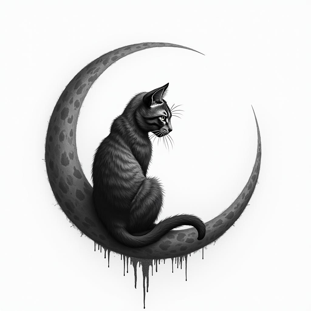 Cat sitting on moonhigly detailed tattoo - Variation 6