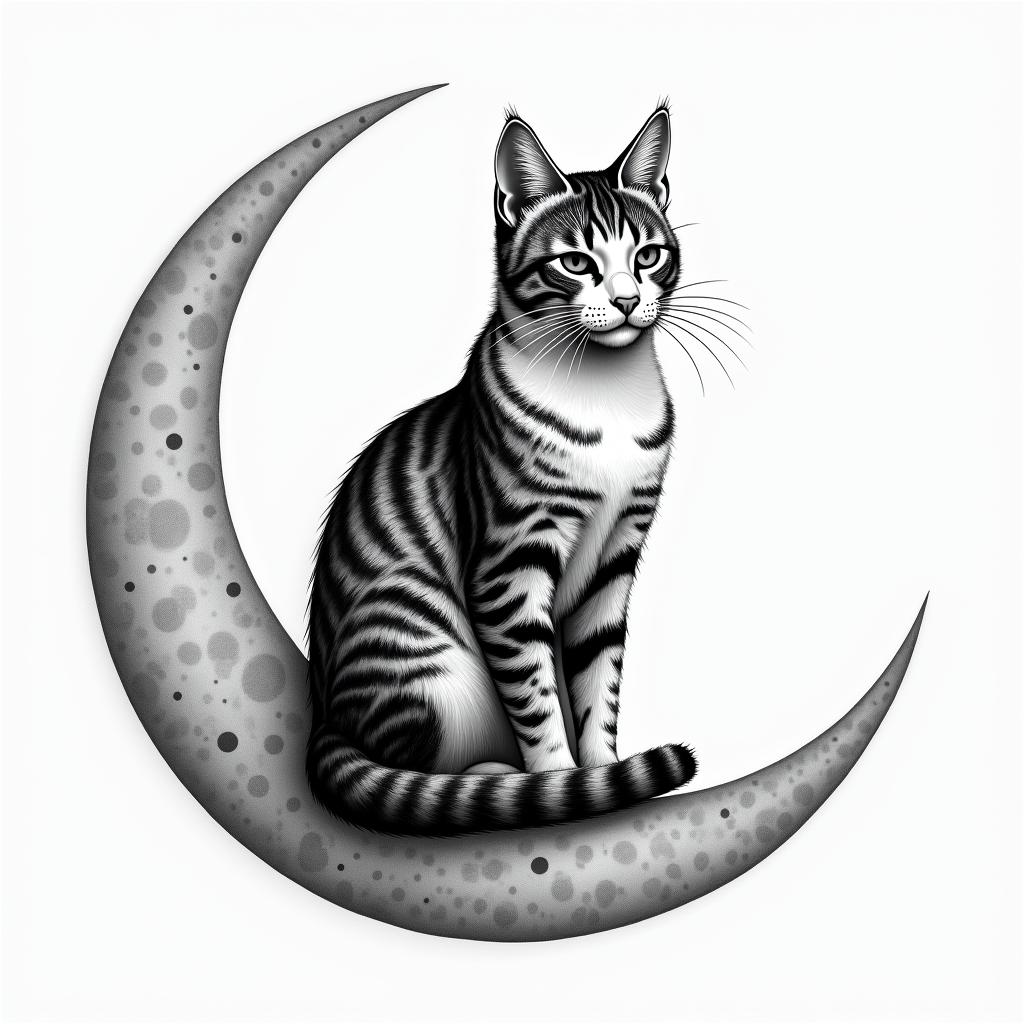 Cat sitting on moonhigly detailed tattoo - Variation 8