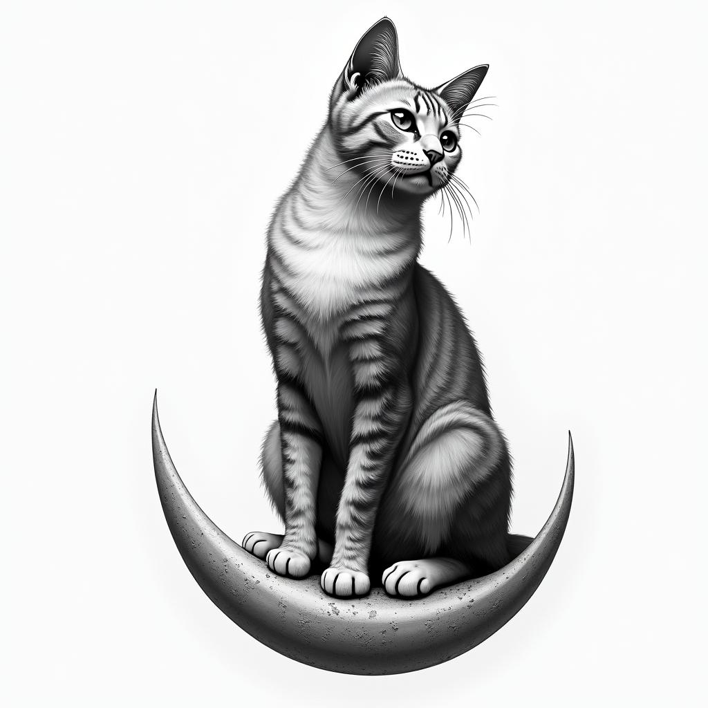 Cat sitting on moonhigly detailed tattoo - Variation 5